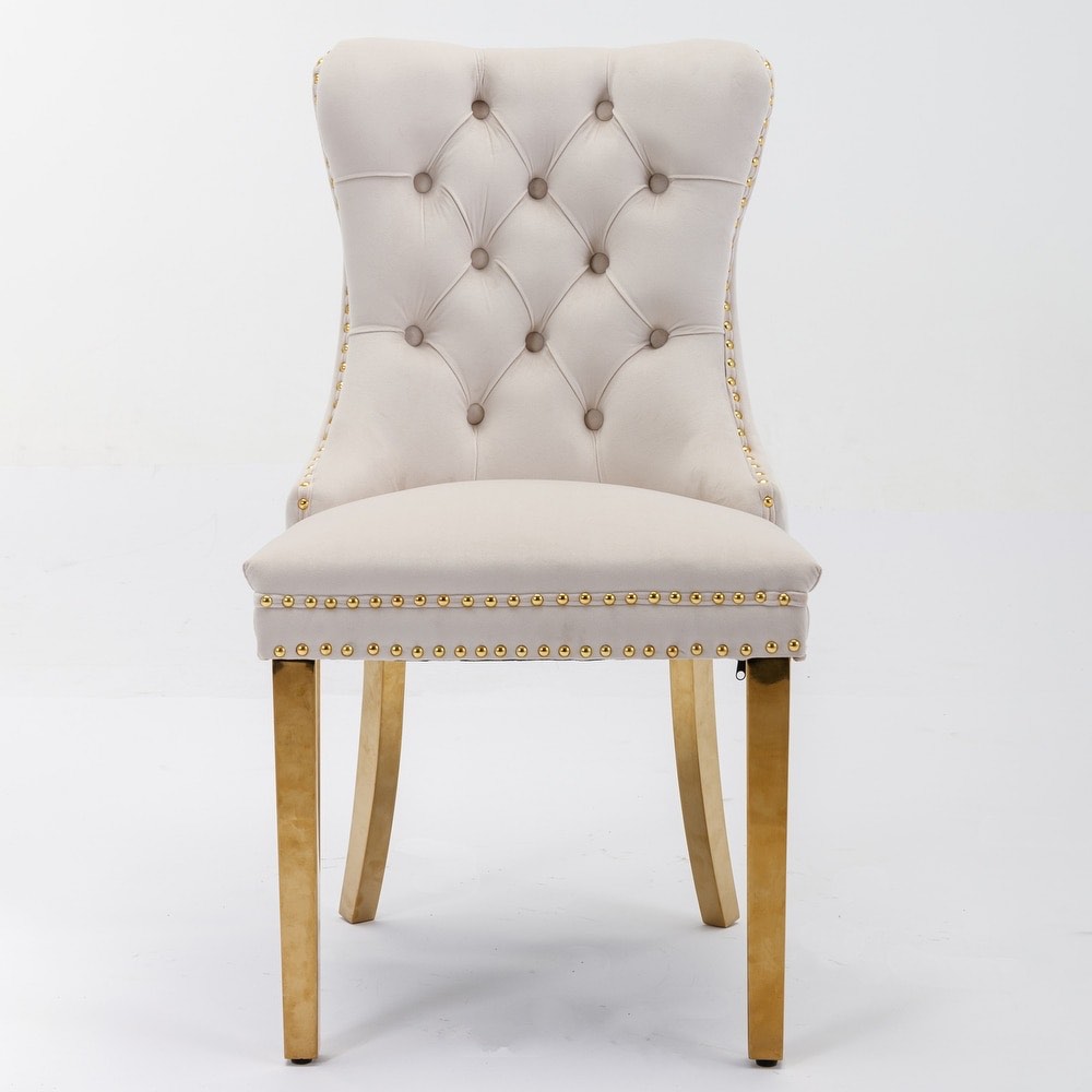 White Velvet Tufted Dining Chair With Golden Stainless Steel Button Trim and Gold Painted Stainless Steel Legs, Set of 4