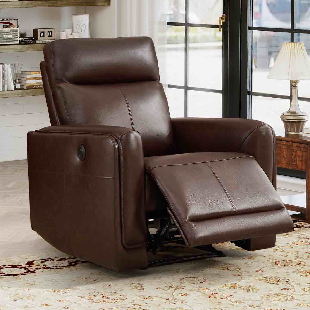 3 piece brown leather recliner set with 3 seat sofa, 2 seat loveseat with console, and chair. 3 seat sofa needs right chord replaced, left side arm repaired, does not recline. loveseat had small tear on back of right seat, chair in perfect condition. sofa: 40.94'' h x 82'' w x 37.8'' d, loveseat: 41.73'' h x 74.8'' w x 35.83'' d, chair: 40.94'' h x 34.65'' w x 36.61'' d