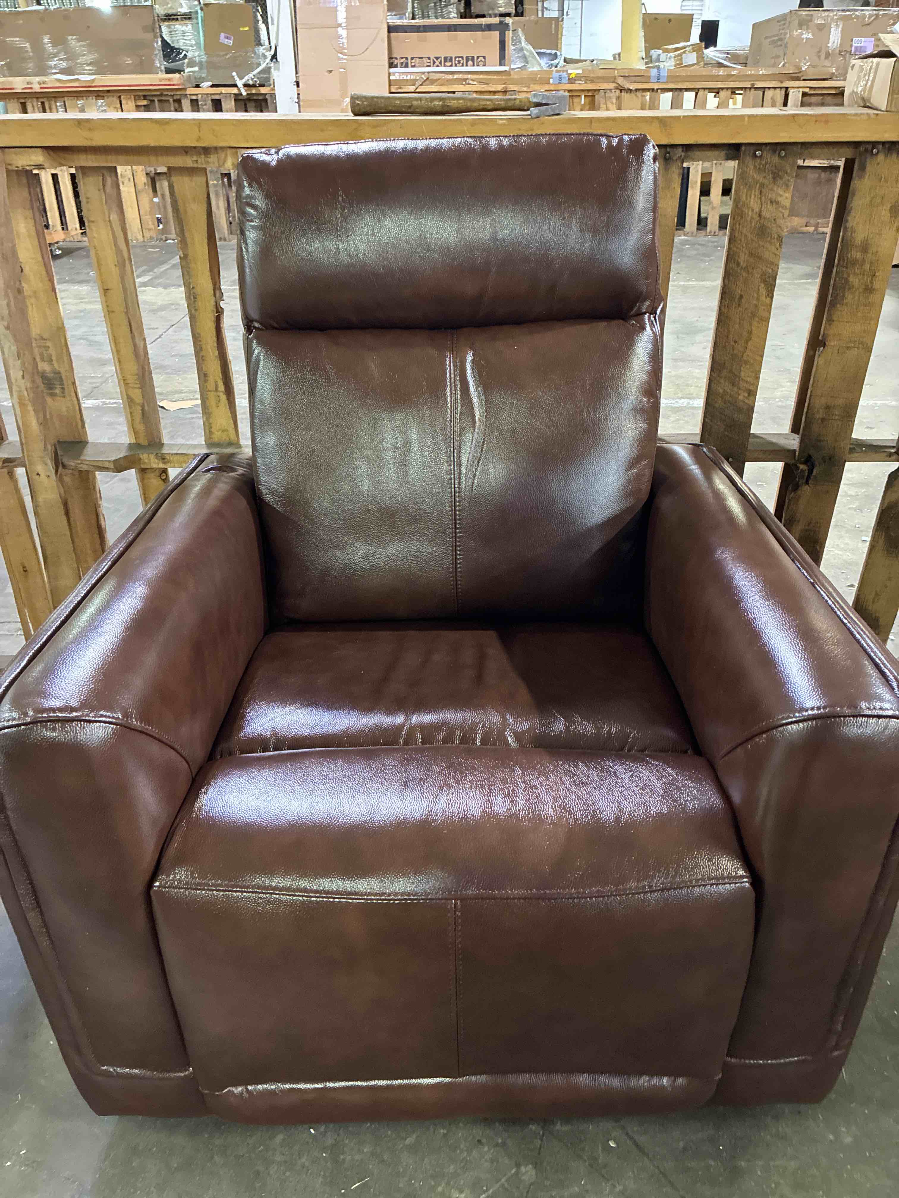 Condition photo showing Good Condition for 3 piece brown leather recliner set with 3 seat sofa, 2 seat loveseat with console, and chair. 3 seat sofa needs right chord replaced, left side arm repaired, does not recline. loveseat had small tear on back of right seat, chair in perfect condition. sofa: 40.94'' h x 82'' w x 37.8'' d, loveseat: 41.73'' h x 74.8'' w x 35.83'' d, chair: 40.94'' h x 34.65'' w x 36.61'' d