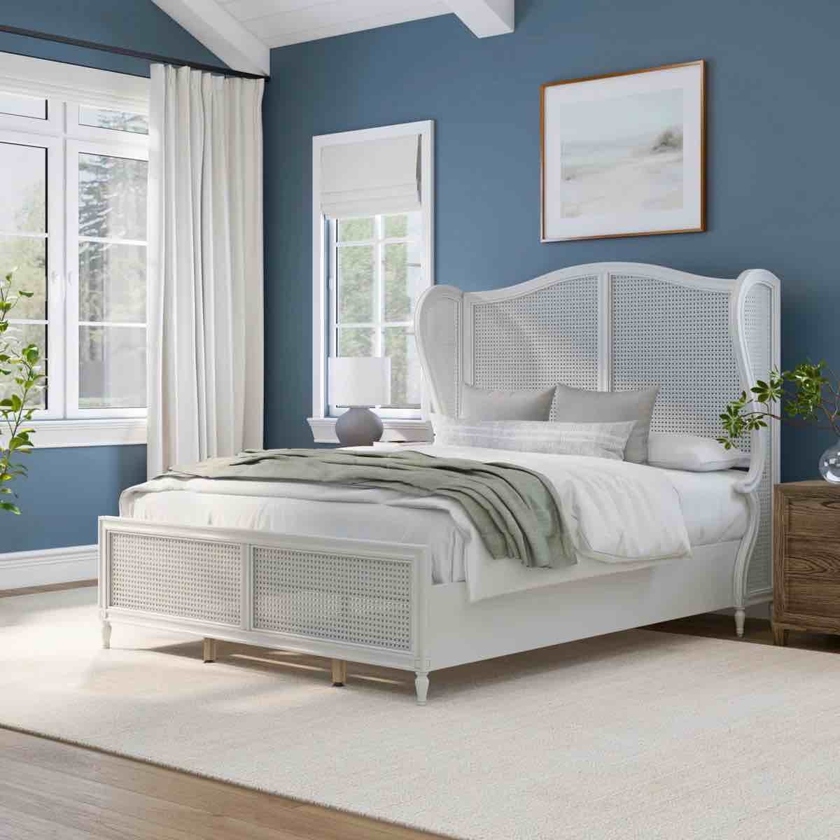 Condition photo showing Good Condition for gia distressed white french style king size wingback bed frame. support legs and hardware need replaced, can be purchased for under $50 at amazon. minor chips along decorative feet and edges of frame otherwise beautiful condition.