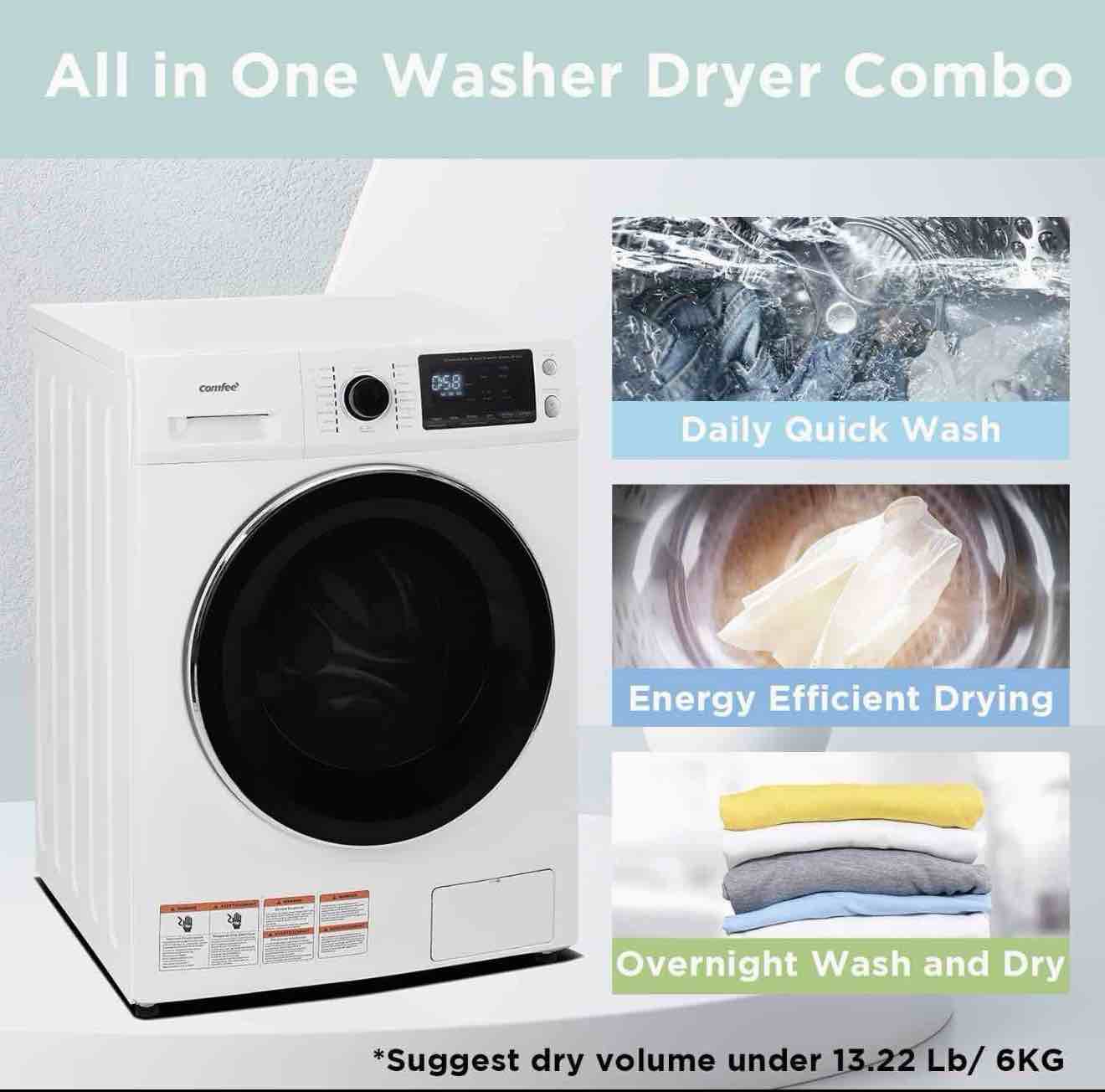 Condition photo showing Good Condition for comfee’ 24" washer and dryer combo in dorm white 2.7 cu.ft 26lbs washing machine steam care, overnight dry, no shaking front load full-automatic machine, includes hookups, gently used/tested, small scuffs, scratches, and minor dents on body,