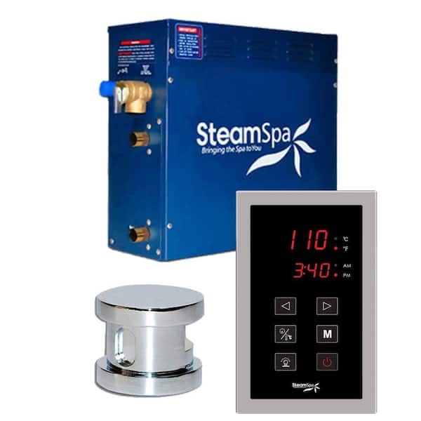 oasis series 7.5kw steam bath generator package with continuous steam and quick start technology in polished chrome, maximum volume rating 190 cu ft, touch panel control system operates all generator functions, features programmable time and temperature memory settings, overall dimensions 20 h x 20 w x 10 d, essential oil included (in office)