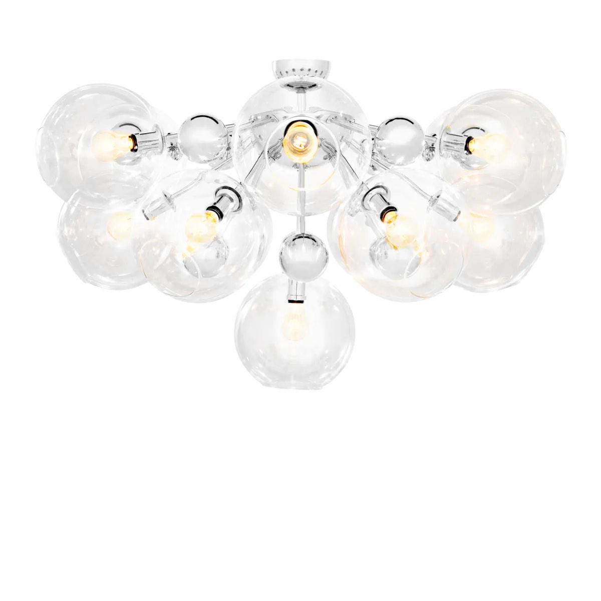 Condition photo showing New/Like New for ceiling lamp soleil in a nickel finish, light bulbs not included(40w), indoor use/dry locations only, overall dimensions ø 90 | h. 57 cm, missing 1 clear glass globe, can be replaced through home depot, amazon and other various retailers, 2 boxes total