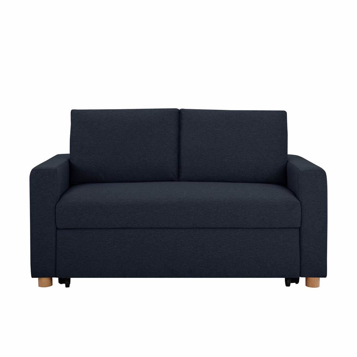 Condition photo showing New/Like New for trinity 66.1" full size navy woven sofa/bed/loveseat , dream coil comfort & pop up conversion, natural finish solid wood legs, removable back cushions, overall dimensions 36.2'' h x 66.1'' w x 37'' d