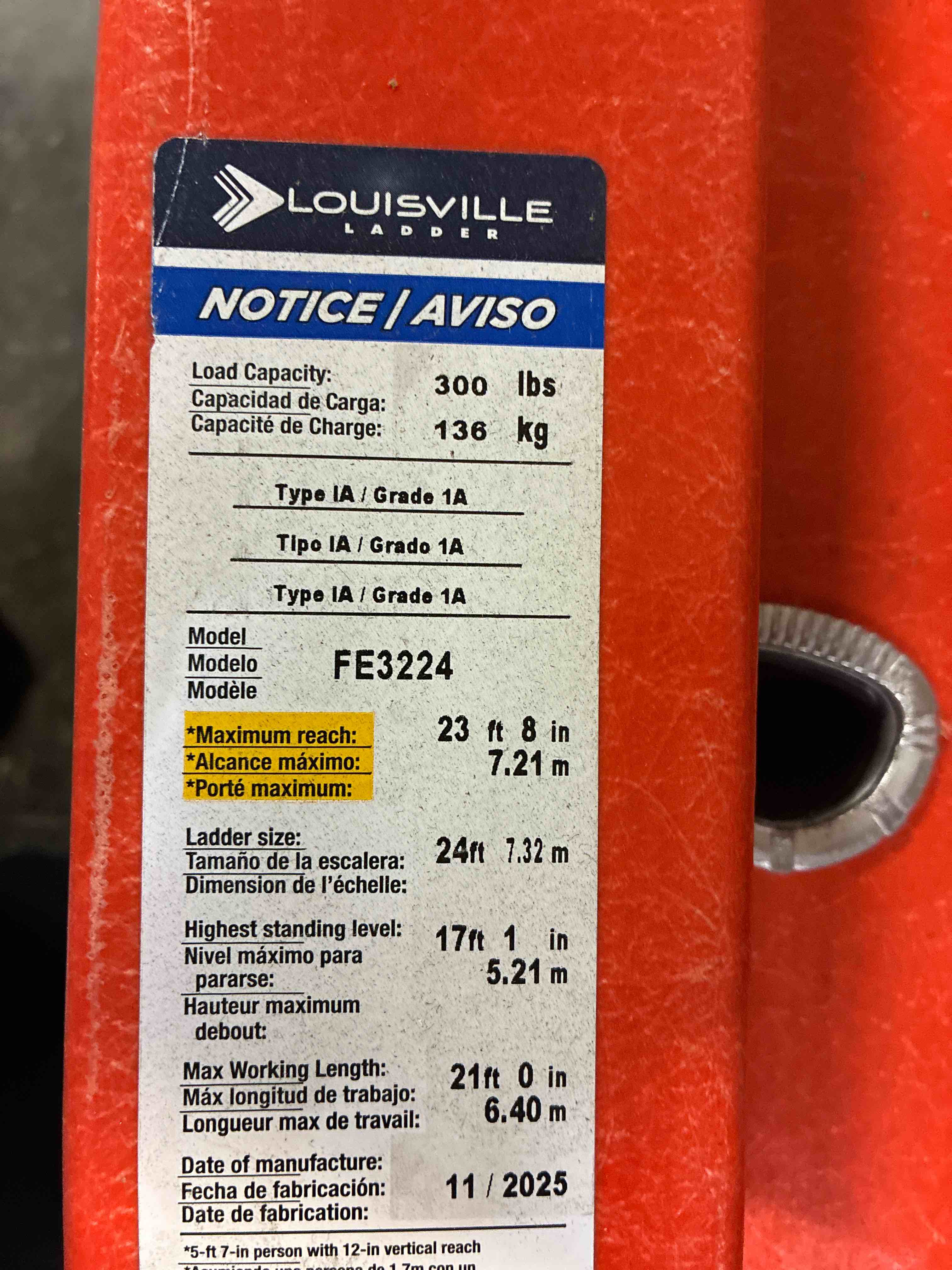Condition photo showing New/Like New for louisville ladder 24-foot fiberglass extension ladder, type ia, 300-pound load capacity, fe3224