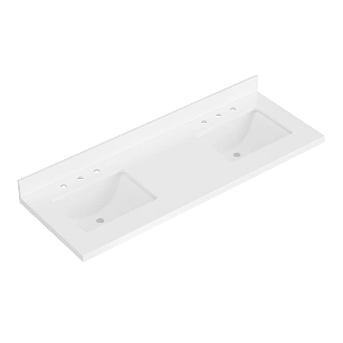 ariel 61” pure white quartz bathroom vanity countertop, 1.5” thick miter edge with rectangular sink and backsplash, sink under mount not included, countertop pre-drilled for 8” widespread faucets, overall dimensions 6.5'' h x 61'' w x 22'' d,