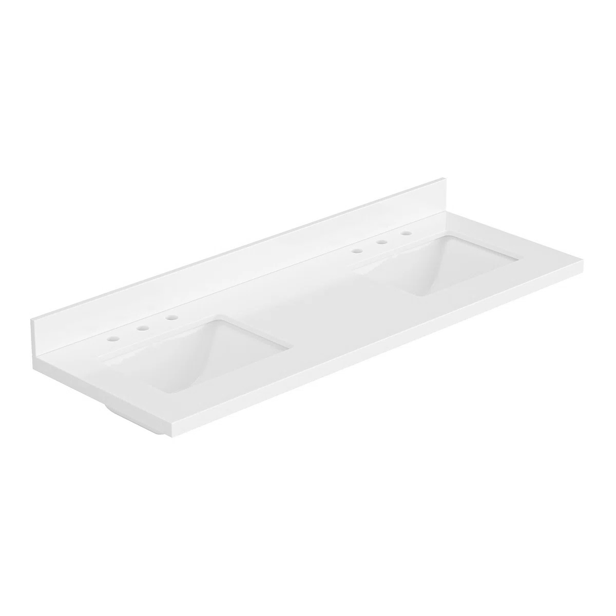 Condition photo showing New/Like New for ariel 61” pure white quartz bathroom vanity countertop, 1.5” thick miter edge with rectangular sink and backsplash, sink under mount not included, countertop pre-drilled for 8” widespread faucets, overall dimensions 6.5'' h x 61'' w x 22'' d, 