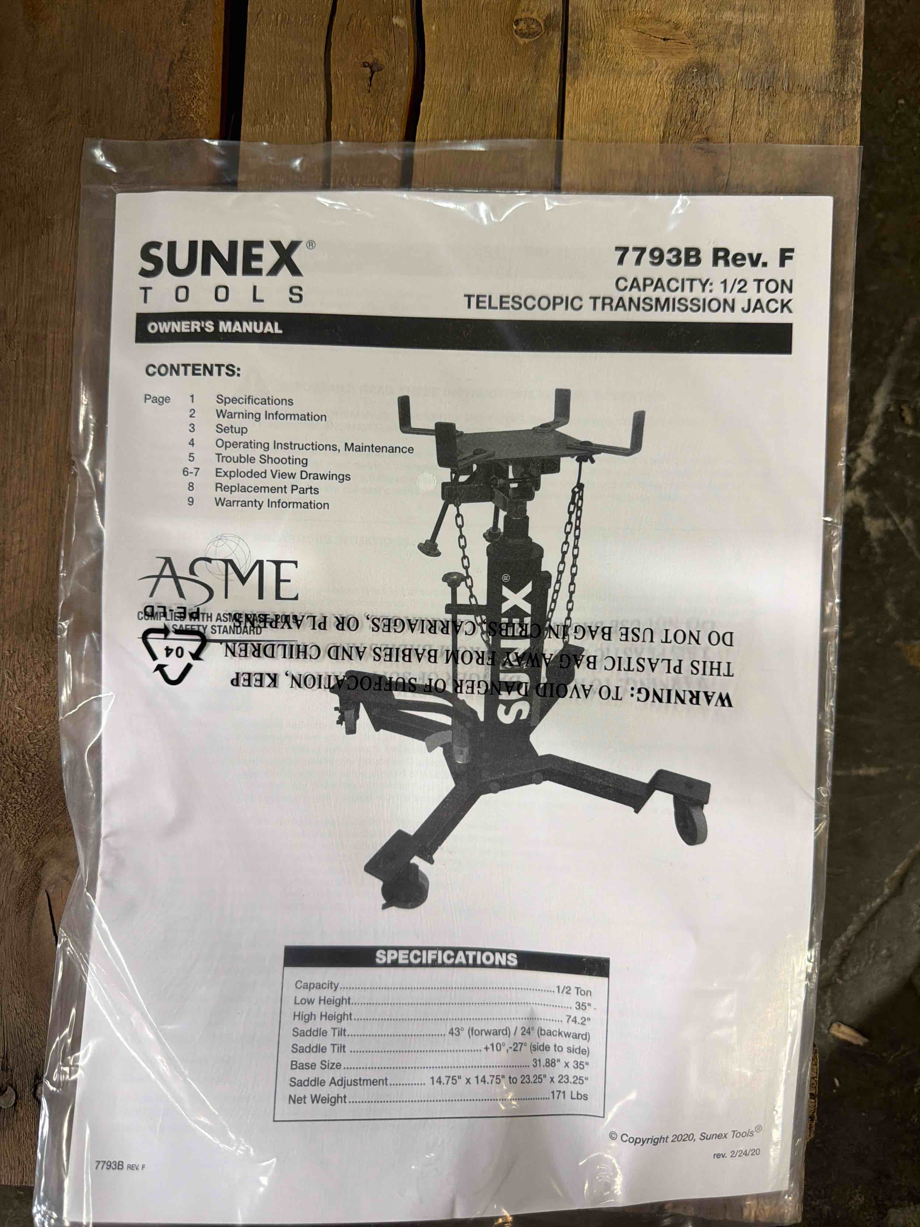 Condition photo showing New/Like New for sunex tools 7793b 1,000 lb telescopic transmission jack, hydraulic, foot pump operated, tilt saddle with chain tie-down, 74.2 in max height, base size 31.88 x 35