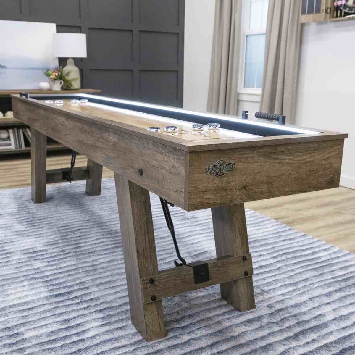 american legend brookdale 9’ led light up shuffleboard table with bowling, 