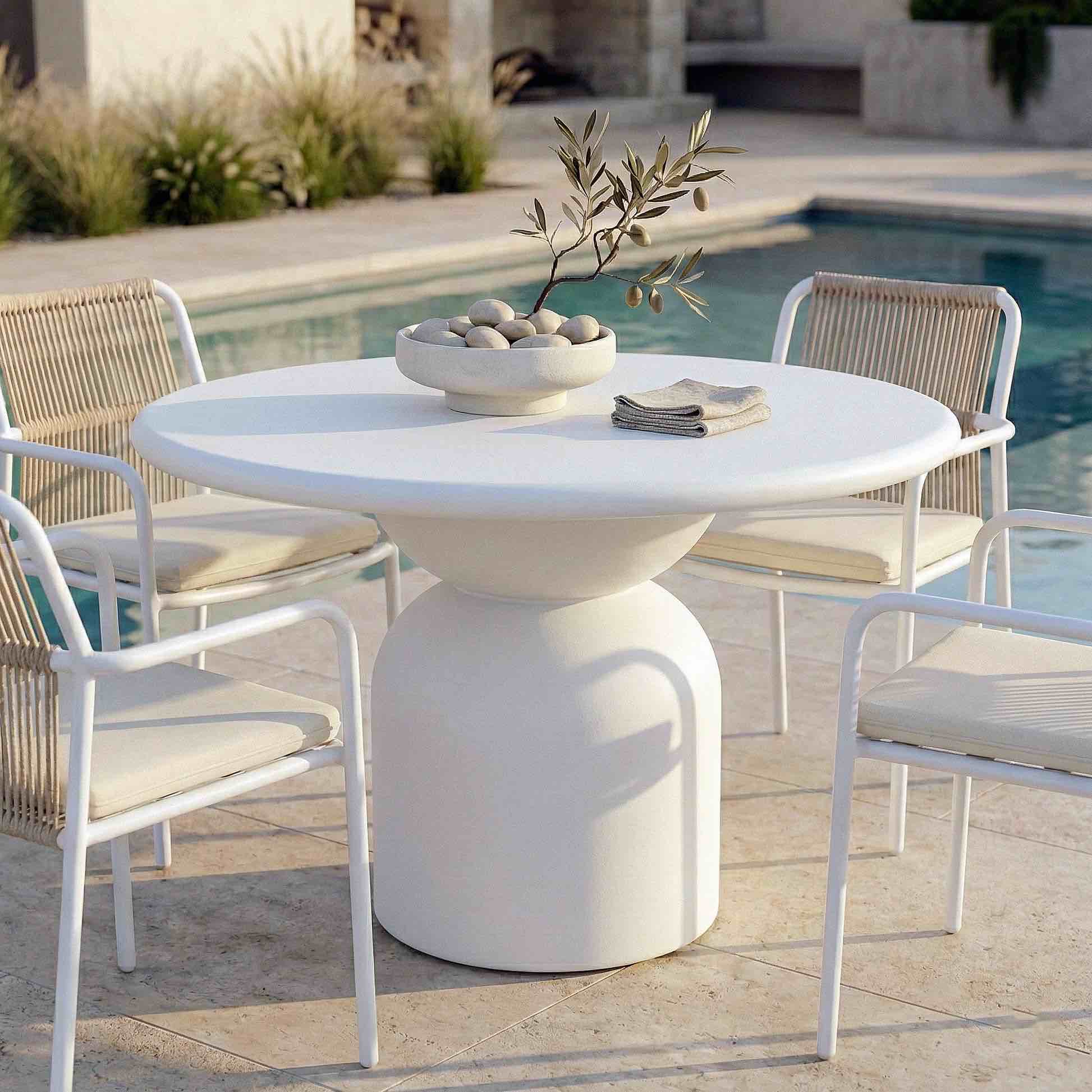 Condition photo showing New/Like New for custom mix and match round coffee table with fufu gaga white stone top and dovetail whitewashed mango wood cylinder base, hardware included. top: 47” w x 1” thick. base: 14” w x 28” h 