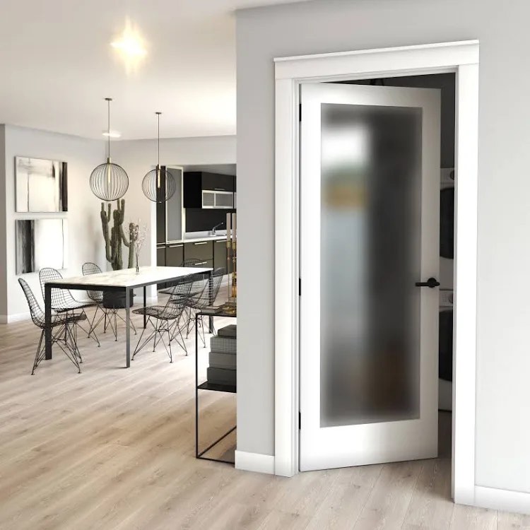 Condition photo showing New/Like New for eightdoors 36-in x 80-in white finished 1-panel frosted glass smooth solid core pine interior slab door, 1” thick, not pre drilled, slab only. set of 2