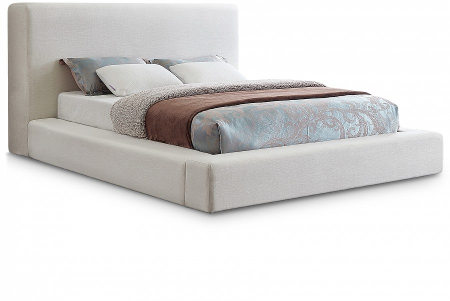 Condition photo showing New/Like New for devin cream linen textured fabric upholstered king size bed frame