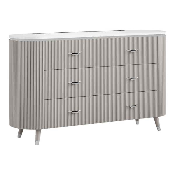 Condition photo showing New/Like New for gema tall dresser chest and 6 drawer dresser set in plum grey with fluted drawers, chrome handles, and white quartz top, for chest: tiny chip in finish at bottom, can be touched up with furniture marker. for dresser: minor tape mark from packing, can be wiped off with goo gone. both considered brand new. chest: 52'' h x 39'' w x 17.5'' dresser: 37.5'' h x 62'' w x 18'' d