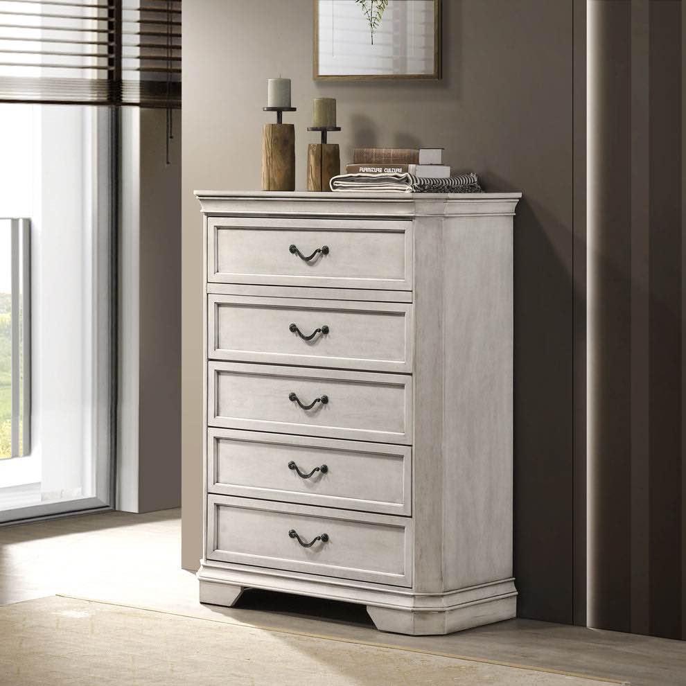 Condition photo showing New/Like New for antique white maderne traditional wood 5-drawer chest 37.4"w x 16.8"d x 48.7"h (quarter sized hairline scratch on top, see photo)