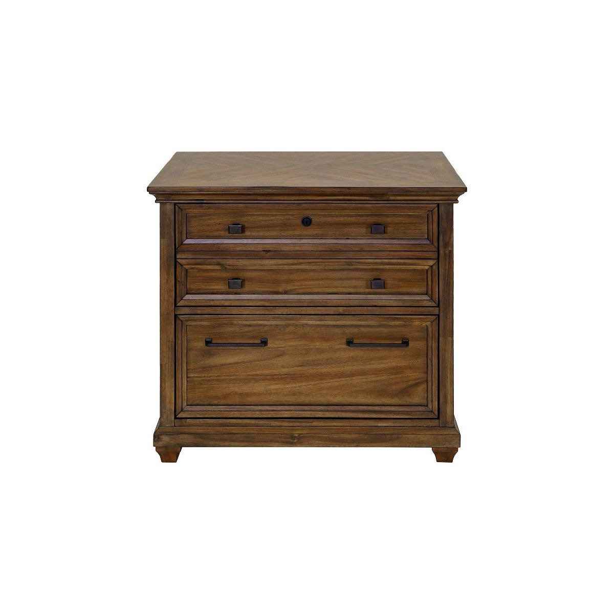 Condition photo showing Good Condition for porter traditional wood lateral file cabinet 2-drawer, solid wood and veneers, (good condition because of small scuffs and scratches to top, small dings on front left edge) 34 w x 22 d x 30 h