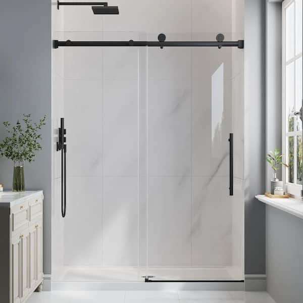 KPUY Frameless Shower Door, 49-54" W x 76" H Sliding Glass Shower Door, 1/4" (6mm) Thick Tempered Clear Glass with Explosion-Proof Film Nano Coating. Hardware Kit sold separately glass panels, minor scratches on doors otherwise quality condition. 
