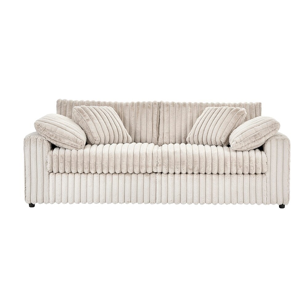 Roundhill Furniture Belvoir Creme Faux Fur 2 Seat Sofa with Accent Pillows and Rounded Feet. Left arm base dented, otherwise beautiful condition. 92W x 39D x 34H in.