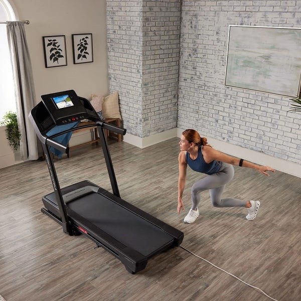 proform carbon tl; treadmill for walking and running with 5inch display, built-in tablet holder and spacesaver design