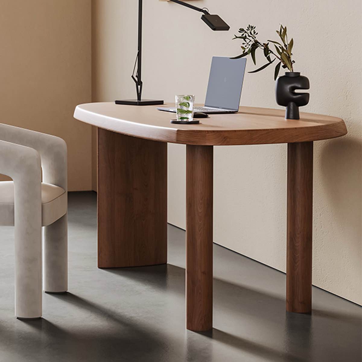 Burlywood Minimalist Abstract Oval Cherry Wood Desk. Left leg needs resealed, top right side edge stained. 29.53" H x 55.12" W x 27.56" D
