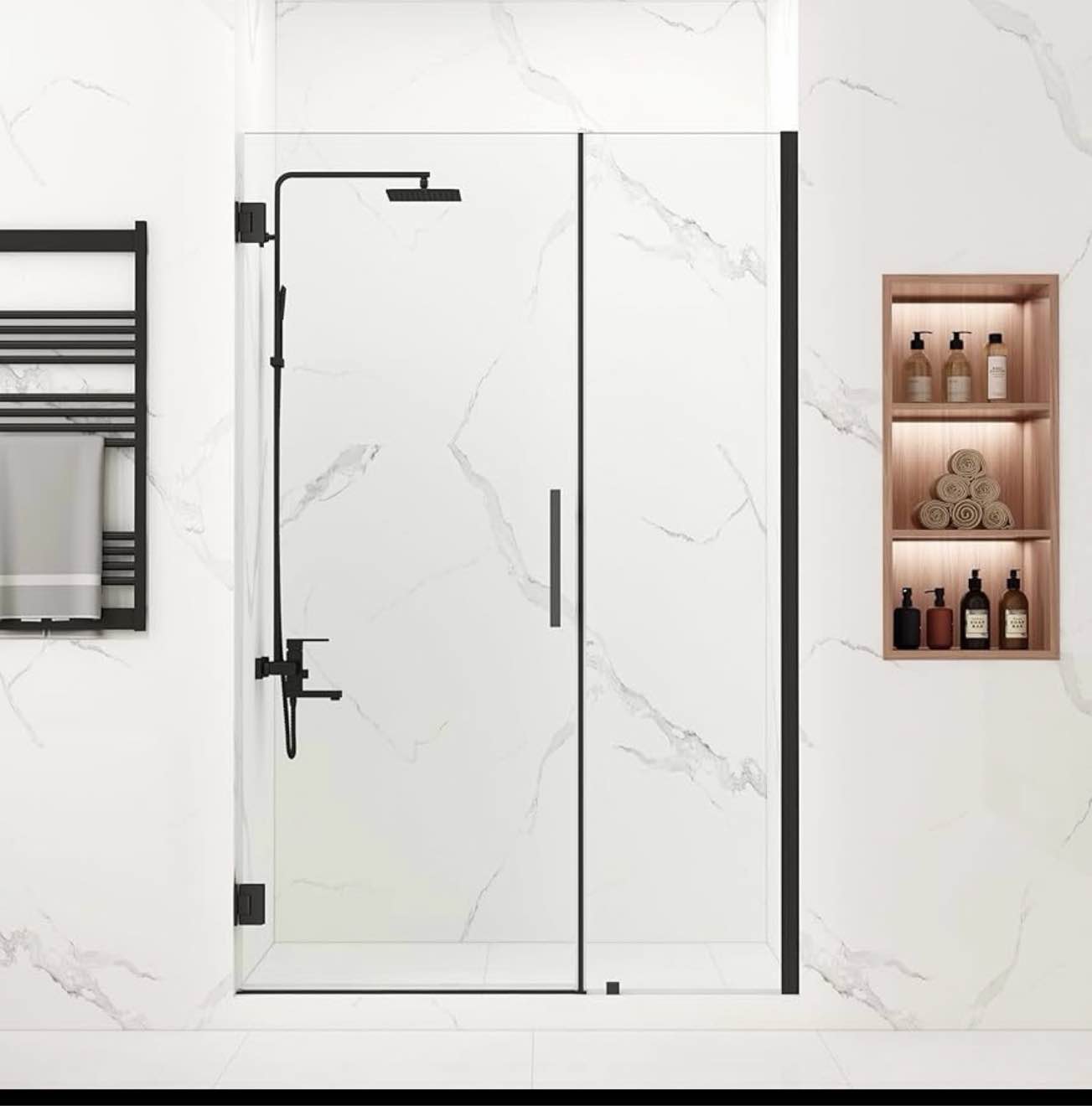 51-52" w x 76" h frameless pivot shower door, pivot swing shower door with clear tempered glass 5/16"(8mm), reversible, matte black finish, magnetic closing