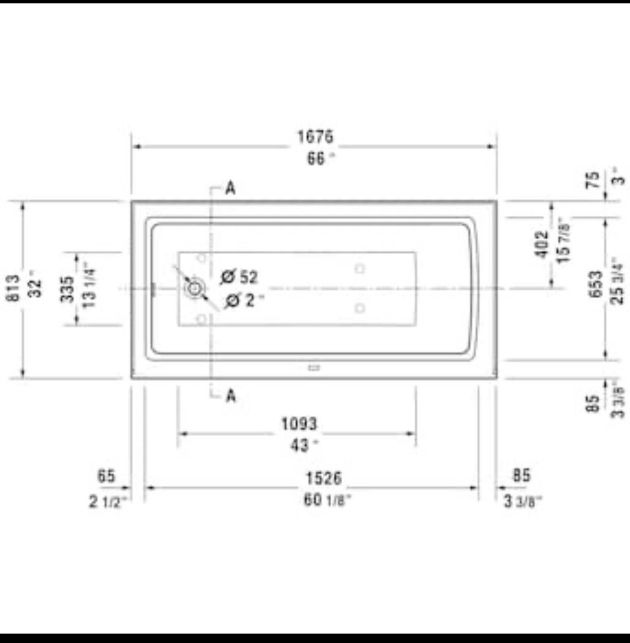 Condition photo showing New/Like New for architec 32 x 66 white acrylic rectangle drop-in soaking bathtub (left drain)