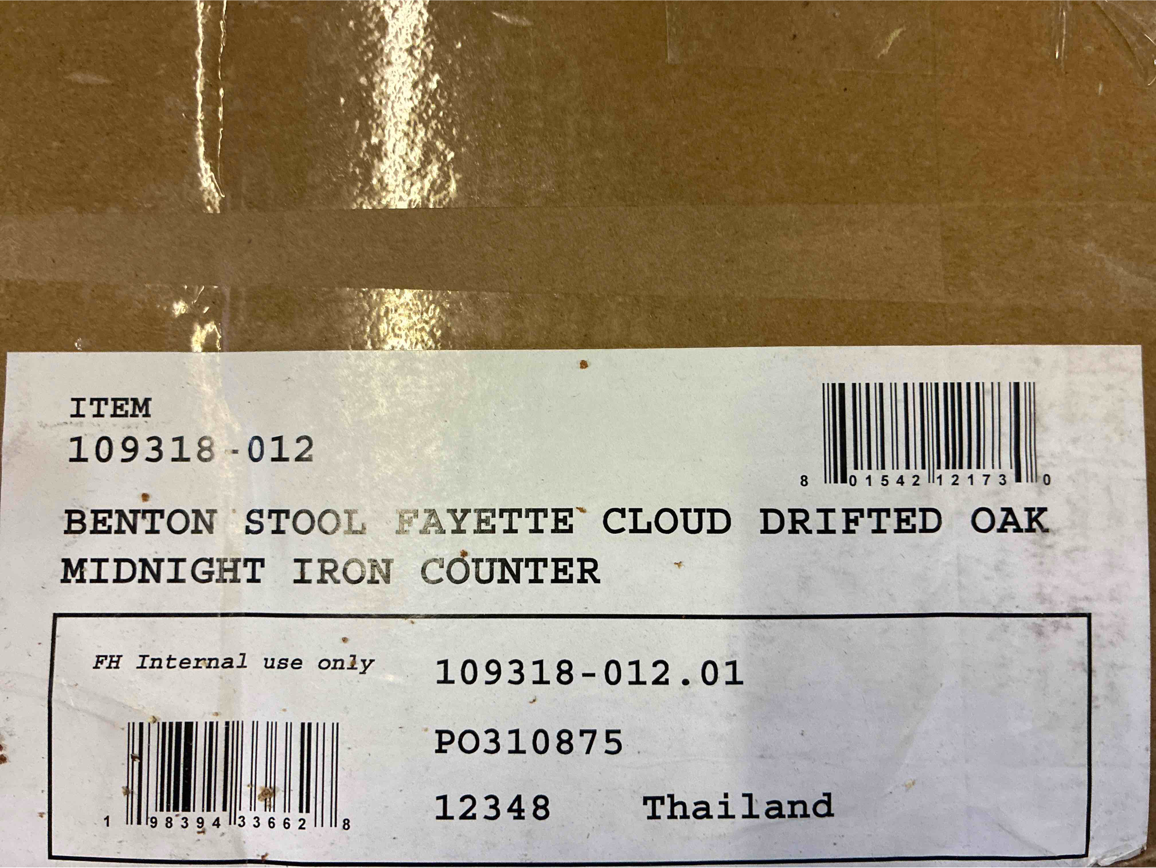 Condition photo showing New/Like New for four hands benton counter stool in fayette cloud flannel white with nettlewood accents and iron frame. 19.75w 23d 40h
