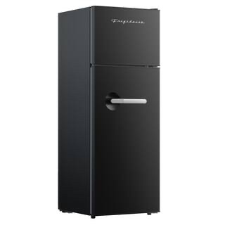 Condition photo showing New/Like New for frigidaire retro refrigerator with top freezer - 2 door fridge with 7.5 cu ft of storage capacity, adjustable spill-proof shelves, door & crisper bins, black. scratch and dent