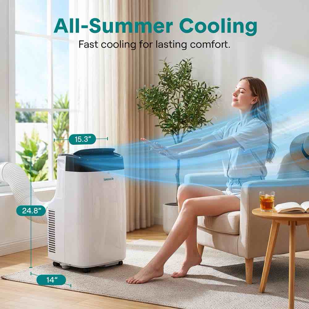 Condition photo showing New/Like New for serenelife small air conditioner portable 10,000 btu with built-in dehumidifier - portable ac unit for rooms up to 450 sq ft - remote control, window mount exhaust kit