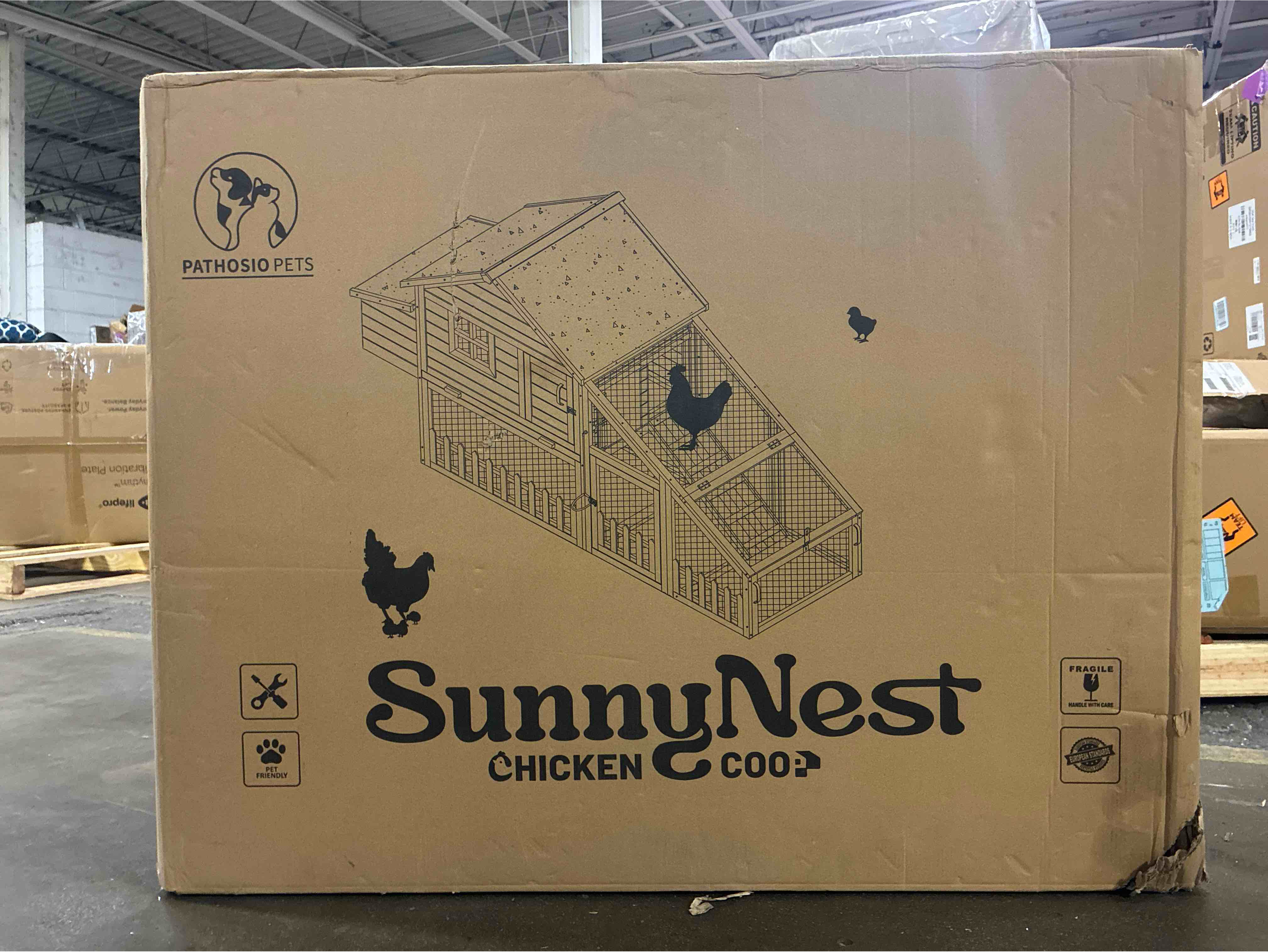 Condition photo showing New/Like New for weatherproof wooden chicken coop indoor & outdoor walk-in hen house with run, nesting box, and pull-out tray portable backyard poultry cage for easy cleaning and predator protection