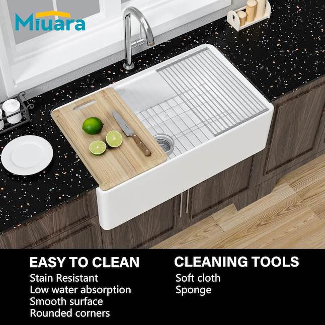 Condition photo showing New/Like New for miuara farmhouse apron front 31-in x 18-in single bowl white farm style fireclay workstation kitchen sink reversible with cutting board. 31-in x 18-in
