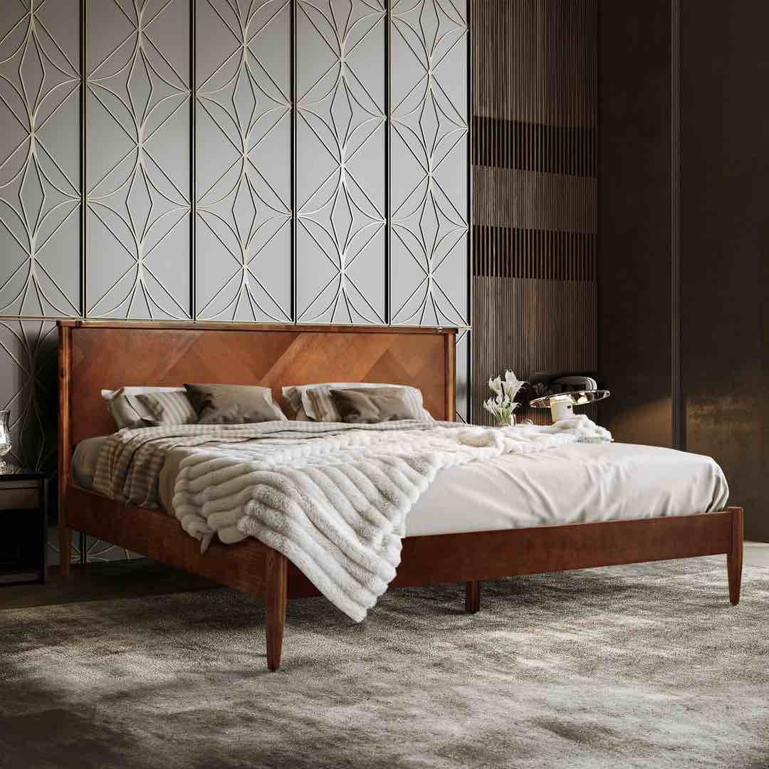 Condition photo showing New/Like New for panthera queen size walnut wood platform bed frame with headboard