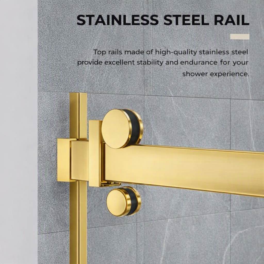 Condition photo showing New/Like New for delavin frameless shower door with satin gold hardware. water repellent, 1/4" (6mm) clear tempered glass, easy sliding, explosion-proof film, stainless steel