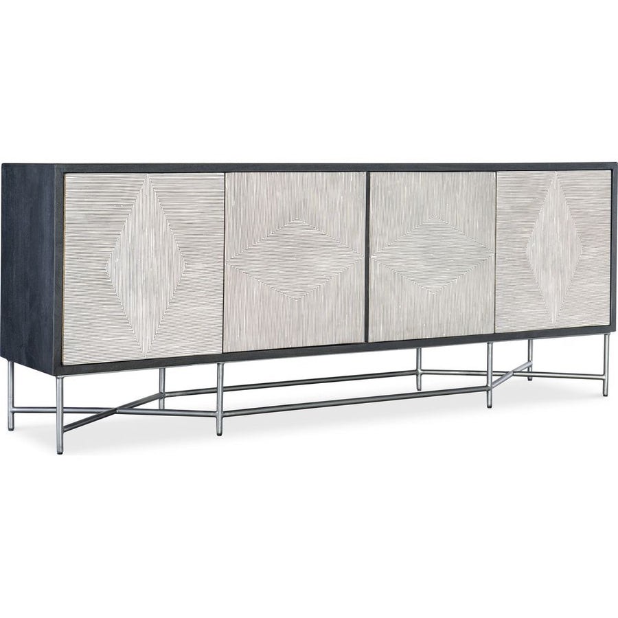 Condition photo showing New/Like New for commerce & market black finish mango wood fine lines single shelf credenza with 4 white line patterned doors and pewter coated metal base. 80w x 18d x 32h