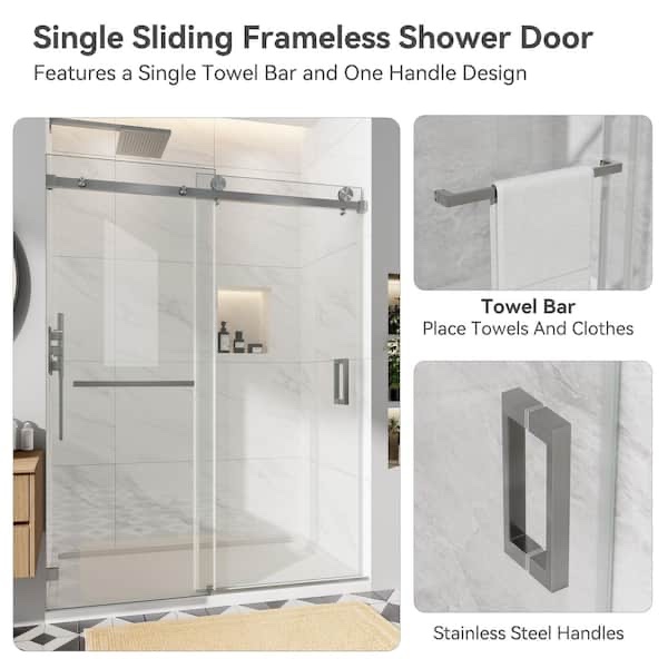 Condition photo showing New/Like New for sunrosa 48×76 single sliding shower door with tempered glass, and brushed nickel hardware
