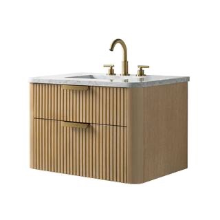 Condition photo showing New/Like New for warren 30 in. single sink floating fluted bathroom vanity in classic oak with arabescato engineered stone top. 30 w x 20 d x 20 h