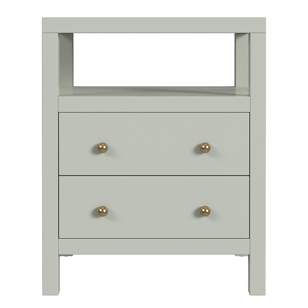 Condition photo showing New/Like New for nora 21 in. w rectangular acacia wood 2 drawer nightstand with open shelf and