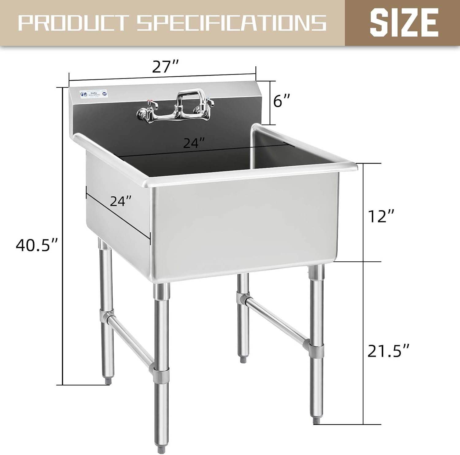 Condition photo showing New/Like New for commercial stainless steel sink 1 compartment nsf prep & utility sink with 8" faucet 24 l x 24 w x 12 d bowl for bar, restaurant, kitchen, hotel and home (in box) 24 x 24 x 12