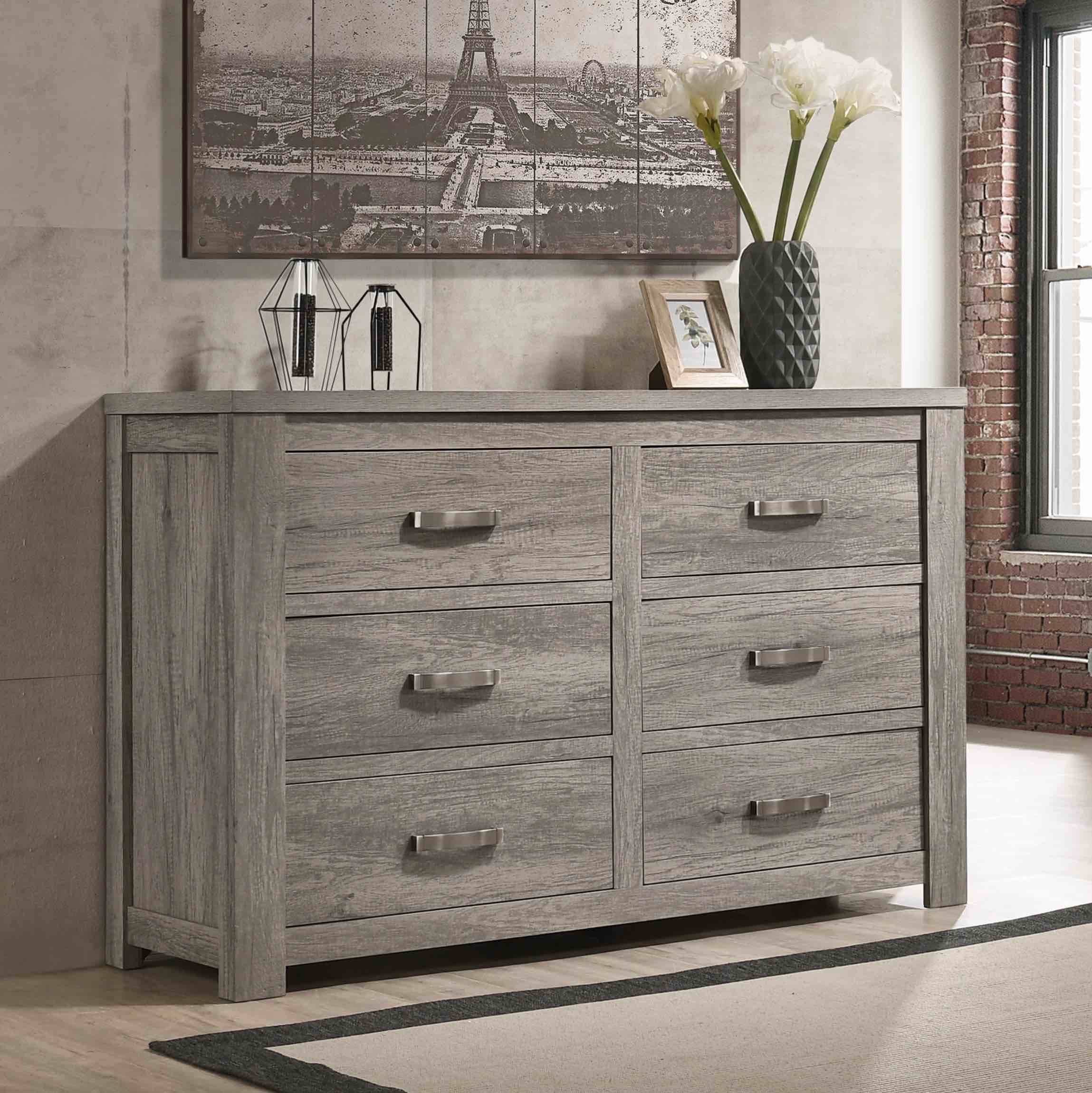 floren contemporary weathered gray wood 6-drawer dresser with brushed nickel handles. 59.06 w x 16.65 d x 37.13 h