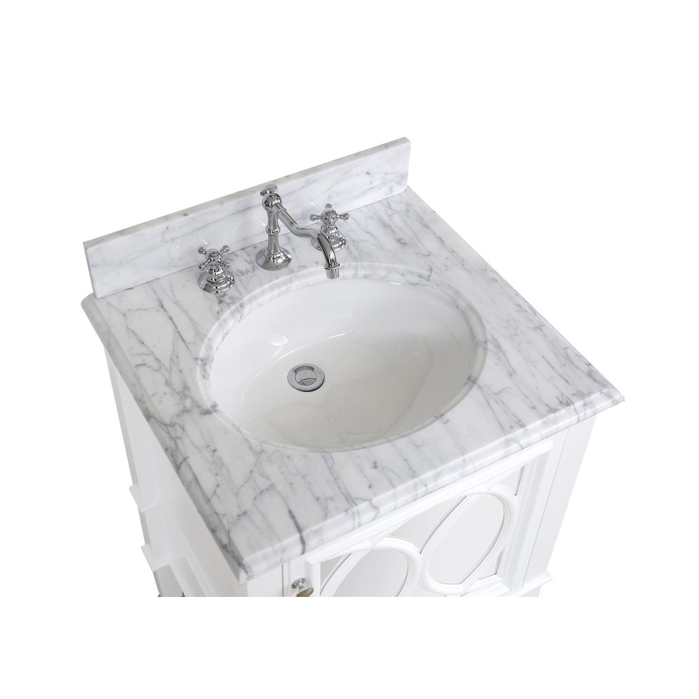 Condition photo showing New/Like New for kitchenbathcollection olivia 24in white bathroom vanity with mirrored door, single drawer, and grey carrara marble top. 24 w x 22 d x 35 h