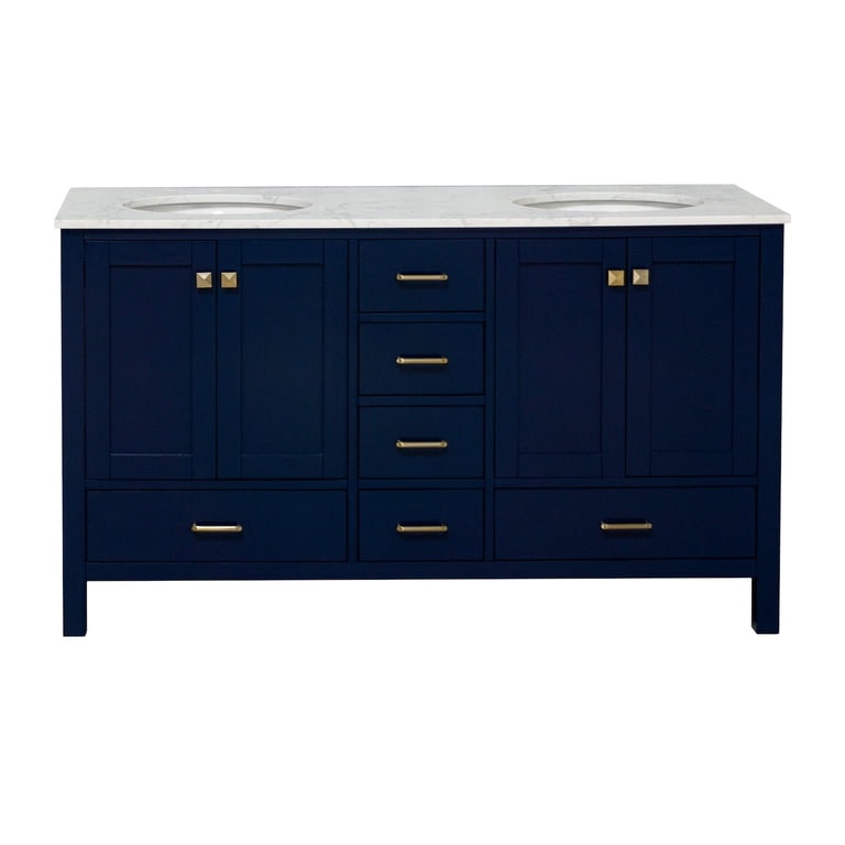 Condition photo showing New/Like New for kitchen bath collection horizon 60-inch royal blue double bathroom vanity with 2 single shelf cabinets, 6 drawers, satin gold handles, and white stone countertop with grey veining. 