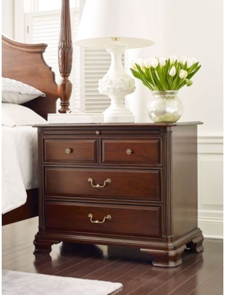 Condition photo showing New/Like New for kincaid furniture cherry wood bachelor's 3 drawer chest with bronze handles, 607-422. scratch and dent. 40 l x 24 w x 36 h