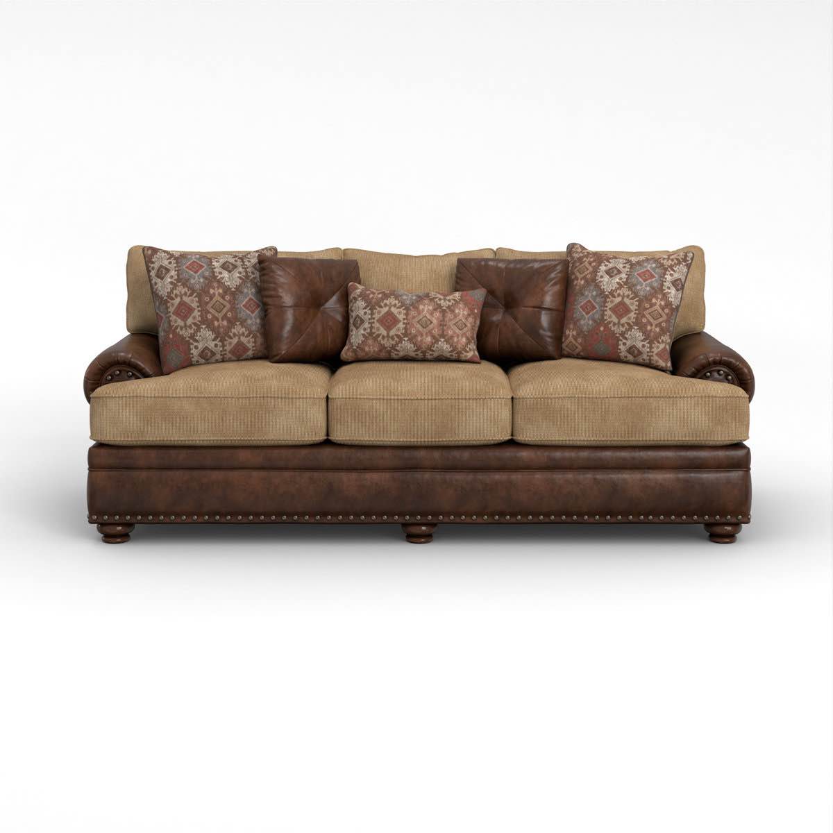 Condition photo showing New/Like New for fletcher brown leather and tan corduroy sofa (scratch and dent item) 98 1/2 l x 40 w x 40 h