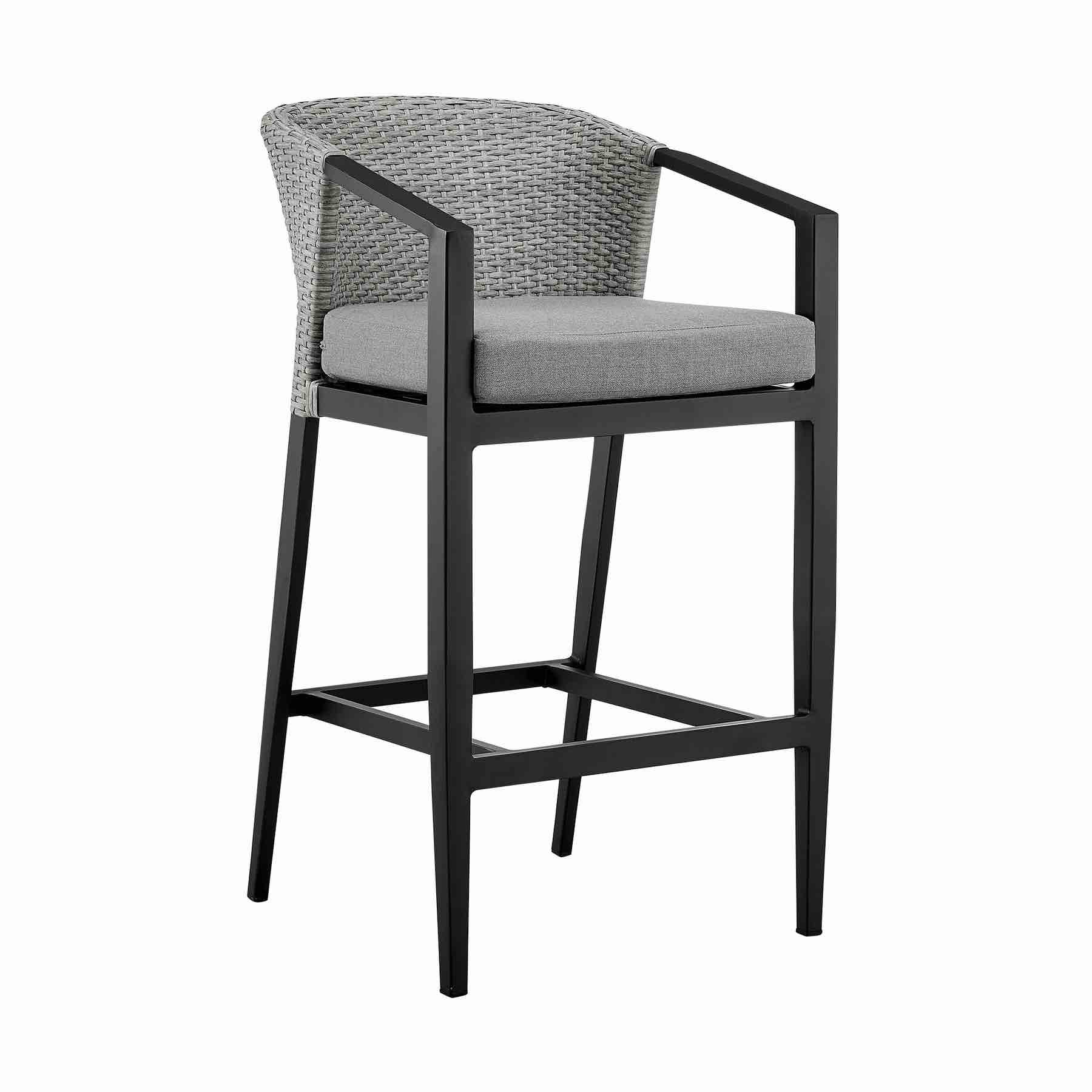 Condition photo showing New/Like New for grey wicker palma outdoor bar stool with light grey cushions and metal frame. 22 in. w x 24 in. l x 24 in. d x 36 in. h
