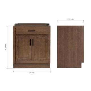 Condition photo showing New/Like New for hepburn 30 in. freestanding bath vanity cabinet without top in brown oak with open space cabinet, pull out drawer, and black handles. product depth (in.) 21.5 in product height (in.) 34.5 in product width (in.) 30 in