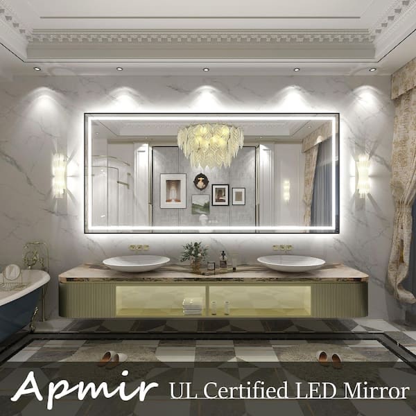 Condition photo showing New/Like New for 84in. w x 40in. h rectangular framed front and back led lighted anti-fog wall bathroom vanity mirror in tempered glass
