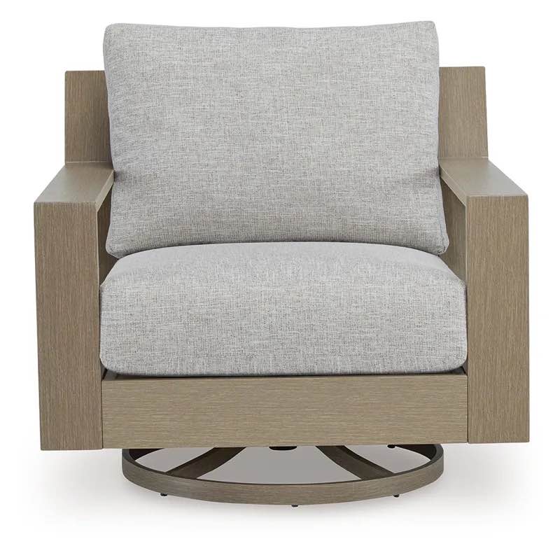 Condition photo showing New/Like New for kimpton isle outdoor beige swivel lounge chair with light grey cushion