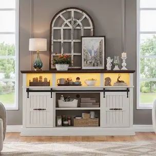 White Farmhouse Led Tv Stand For 65 Inch Tv, 32" Tall Entertainment Center With Sliding Barn Doors And Storage Cabinets, Rustic Media Console With Adjustable Shelves Wood Tv Stand For Living Room