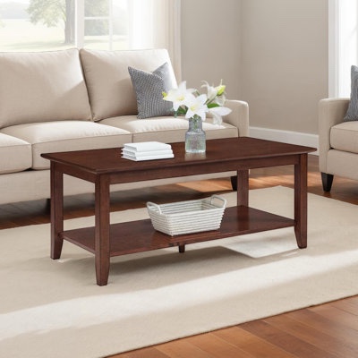 Glass top brown wood, rectangular coffee table with storage shelf underneath