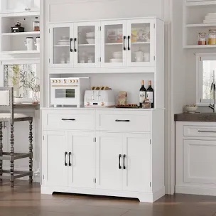 Half of Kyale 70.9"H Stand Alone Kitchen Pantry With Microwave Shelf & Drawers, Wood Storage Pantry Cabinet With Adjustable Shelves, White (Box 2/2)