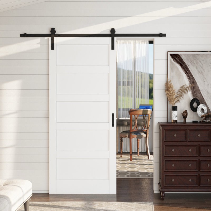 84"H × 36"W 5-Paneled Solid Manufactured Wood Barn Door with Installation Hardware Kit & Soft Close